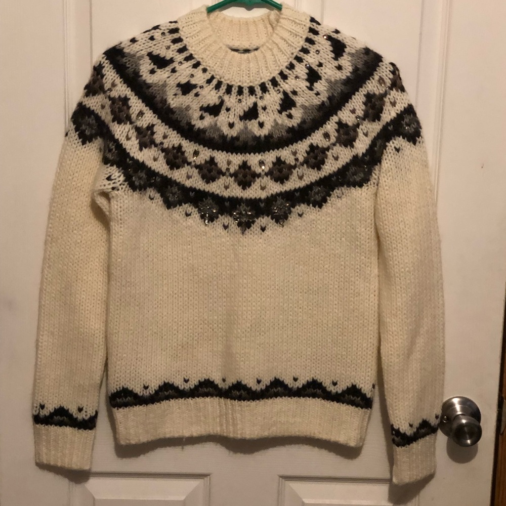 LOFT womens XS pullover sweater fair isle ivory jewls acrylic alpaca wool